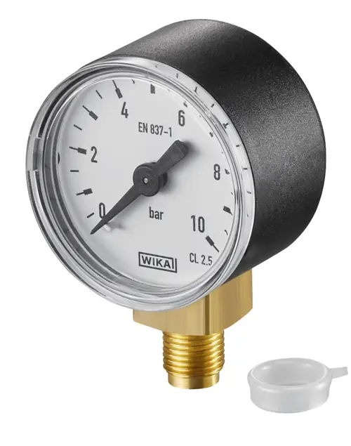 Manometer mit runder Front, weißen Zifferblatt und schwarzen Zeigern, montiert auf einem Messinganschluss. Marke Oventrop, zur Druckmessung geeignet.